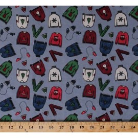 Dear Stella Cotton Christmas Sweaters Hats Scarves Mittens Gray Fabric Print by Yard D585.23