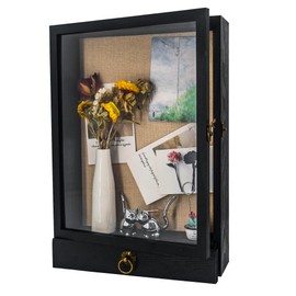 FramePro Deep Shadow Box Frame 11x16 with Drawer and Soft Line Back, Display Case Memory Box Real Glass for Keepsakes Collections, Medals, Bouquet Wall or Tabletop Black