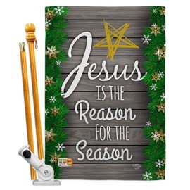 Ornament Collection HS191076-BO Jesus is The Reason for The Season Winter Nativity Decorative Vertical, House Flag Set 28"x 40" w/Flagpole, Multi-Color