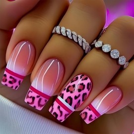 Pink French Tip Press on Nails Coffin Shaped Medium Length Glue on Nails Cute Leopard Print Designs Stripe Gradient Glossy Acrylic Stick on Nails for Women Girls 24 Pieces