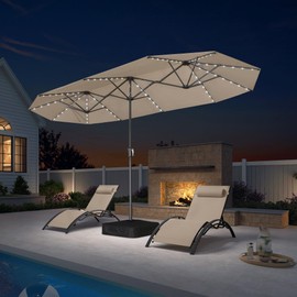 PURPLE LEAF 13ft Double-Side Patio Umbrella with Solar Lights Outdoor Market Umbrella with Base and Crank Handle Table Umbrella for Backyard Pool Garden Deck, Khaki