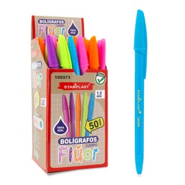 Starplast Pack of 100 Ballpoint Pens with Cap, 5 Fluorescent Colours, Blue Ink, 100 Pieces, Non Slip Ballpoint Pens with Presentation Box for School or Office
