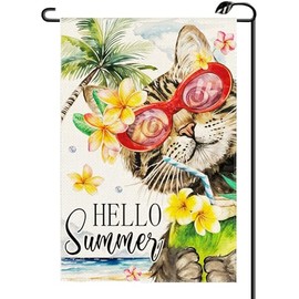 Hello Summer Cat Floral Garden Flag 12x18 Inch Vertical Double Sided Seasonal Welcome Small Flags Farmhouse Outside Decoration For Yard (ONLY FLAG) XJ72