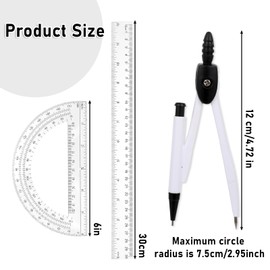 Student Protractor and Compass Set, 3 Pcs Geometry Math Set, 12 Inch Plastic Clear Ruler, Compass for Geometry and 180 Degree 6 Inch Protractor for Drawing Measuring School Office (Classic)