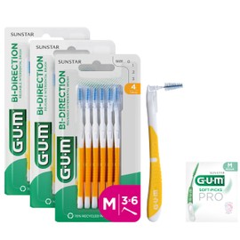GUM BI-DIRECTION Two-Angle System Interdental Brushes, 90 Degree Positioning, Teeth Cleaning and Plaque Removal, 1.4 mm, ISO 4, Size M, 3 x 6 Pack + 1 Free Sample