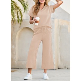 Dokotoo Two Piece Sets For Women Cozy Casual Loungewear Womens Clothing Resort Wear Lapel Collar V Neck Short Sleeve Sweatsuit Pajamas Tracksuit Matching Sets Summer Outfits Oatmeal Large