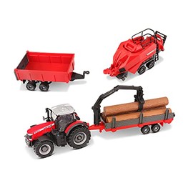 Bburago B18-31668 Die-Cast Massey Ferguson 8740S Farm Tractor with 3 Trailers Vehicle, Red