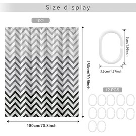 WOODFIB Shower Curtain, 100% PEVA Waterproof Anti-Mould Proof Resistant, Quick-Drying, Washable Bathroom Curtain, Includes 12 Pcs Curtain Hooks, 180 x 180 cm (Black Chevron)