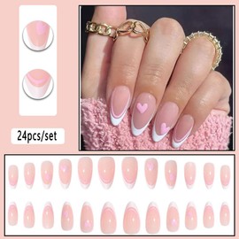 Clataly 24 Pcs White Star Ripple Fake Nails Acrylic Press on Nails Funny Nude Pink False Nails Full Cover Nails for Women and Girls (D)