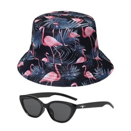 ZBHDEYG 1 x Flamingo Fishing Hat, 1 x Sunglasses, Women's Sun Hat, Girls' Summer Hat, Women's Sun Protection Sun Hat, black