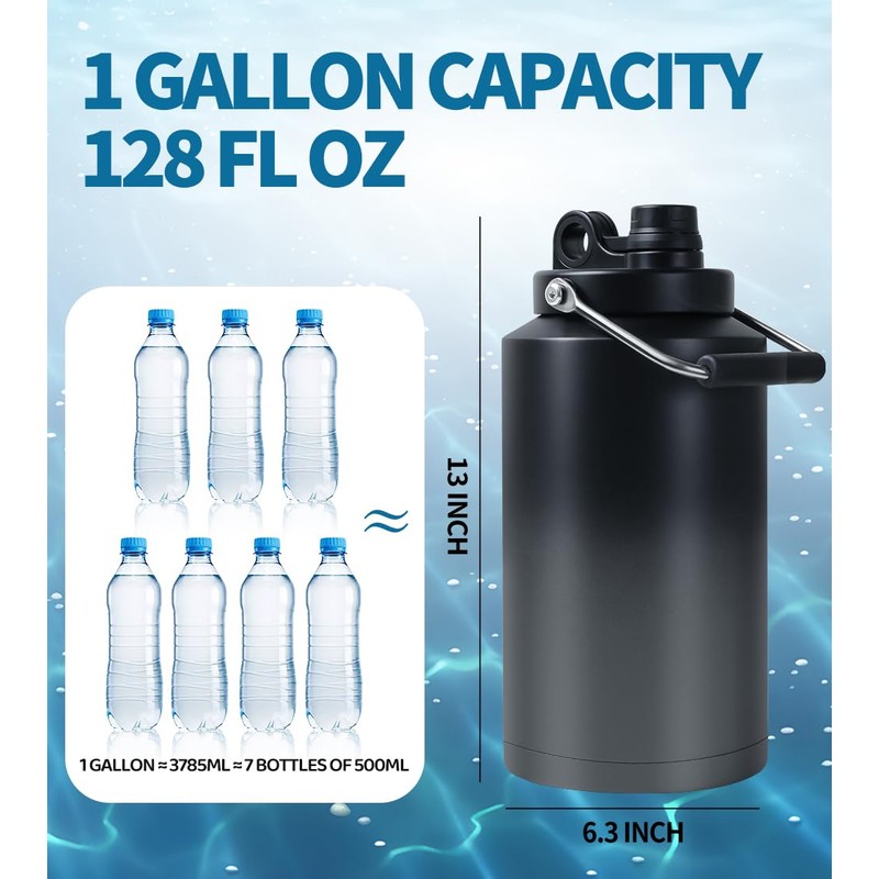 GAGANIU Insulated Water Bottle, 1 Gallon Jug with Handle, 128