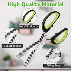 Cxqbsmy Herb Scissors, Multipurpose 5 Blade Kitchen Herb Shears Herb Cutter with Safety Cover and Cleaning Comb for Chopping Chive, Vegetables, Salad, Collard Greens, Must-Have Kitchen Gadgets, Green