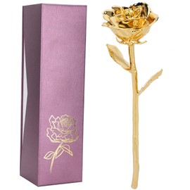 Long Stem Rose Gifts Dipped 24K Real Artificial Flower with Leaf Craft CollectionGold