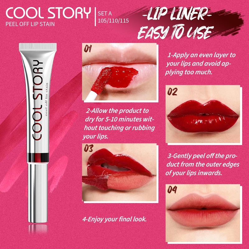 HOPHAT 3PCS Peel Off Lip Stain Lip Tint Set, Matte