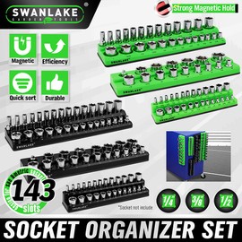 Magnetic Socket Organizer Set, 6-piece 1/4", 3/8", 1/2" SAE & Metric Sockets Holder, Drive Socket Trays, Storage Tool Box, Holding 143 Slots, Soft Rubber Covering Black Green Tools