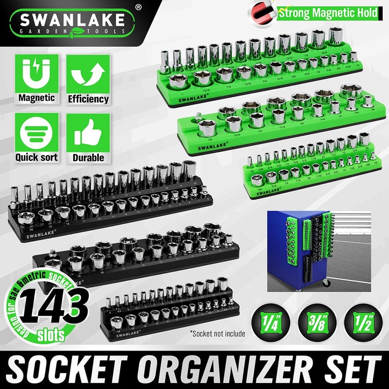 Magnetic Socket Organizer Set, 6-piece 1/4", 3/8", 1/2" SAE &