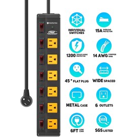 CRST 6 Outlet Metal Heavy Duty Power Strip with Individual Switches, 6FT Wall Mount Garage Power Strip, Surge Protector (1200 Joules), 15amp/1875W, 14AWG SJT Power Cord