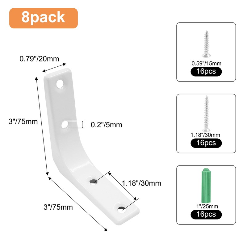 Jiozermi 8 Pcs Heavy Duty White L Brackets, 3 x