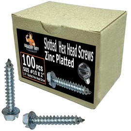 BRAUNY BOY – 2” x #10 – Slotted Hex Head Wood Screw – Zinc Plated – Coarse Thread - Self Tap - ¼” Hex Drive for Wood & Metal – Qty (100)