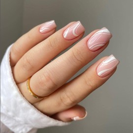 KXAMELIE Wave Lines White Press on Nails Short Coffin Acrylic Fake Nails with Nail Glue Square Shape for Women and Girls Nail Studio Daily Use