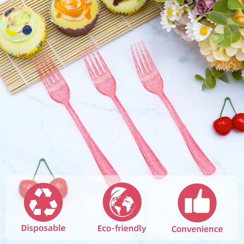 100 Pcs Pink Plastic Forks, Pink Plastic Silverware, Heavy Duty