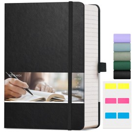 EMSHOI Notebook A5 Lined Journal - 400 Pages 100gsm Thick Notepad, Hardcover Vegan Leather Ruled Note Book Daily for Women Men Work School Office Writing, Sticky Notes, 14.5 x 21cm, Black