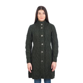 SAOL 100% Merino Wool Irish Cardigan for Women with Celtic Knot Buttons -Aran Long Outdoor Cable Knit Coatigan (Army Green, XX-Large)