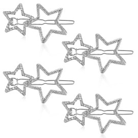 Mabor 4Pcs Silver Star Hair Clips, Hollow Star Barrettes Y2k Rhinestone Hair Pins Glitter Elegant Crystal Hairpins for Women Lady Girls Styling Accessories