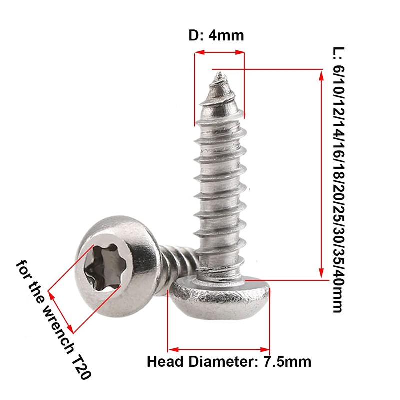 Qrity 50PCS M4x20mm Self Tapping Screw, Torx Pan Head Screws,
