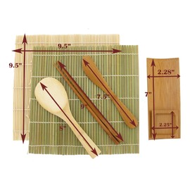BambooMN Sushi Making Kit with Serving Set - 2 Sushi Rolling Mats Makisu, Rice Paddle, Spreader, Carbonized Brown Serving Tray, Sauce Dish, and Chopsticks