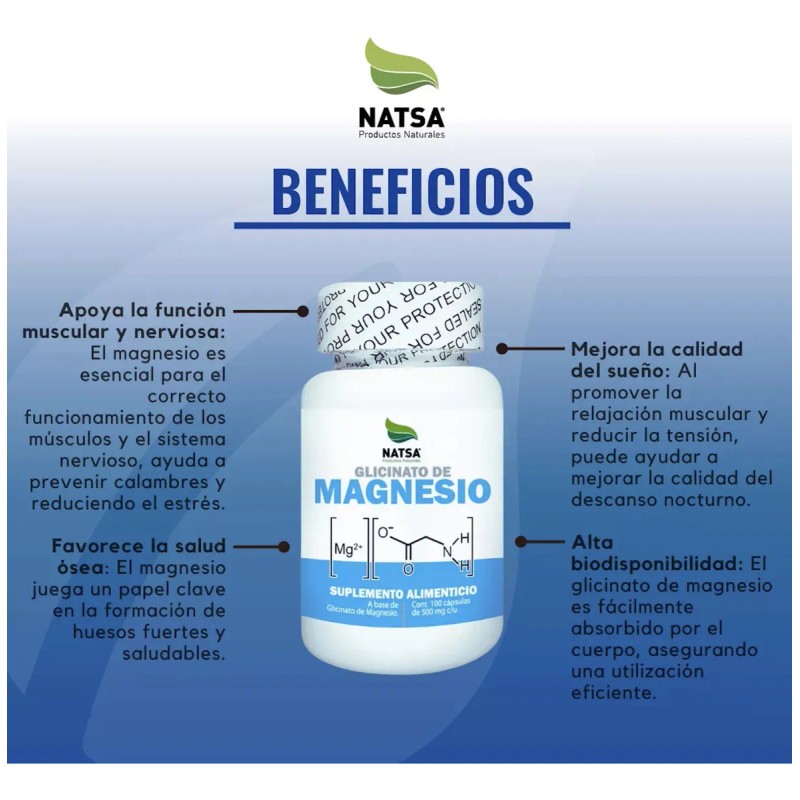 Glicinato De Magnesio 100 Cápsulas, Alta Absorción, Mejora la calidad
