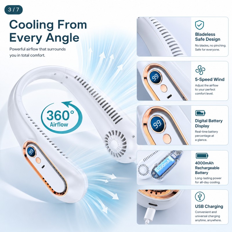 Bladeless Neck Fan for Hands-Free Cooling – 5-Speed USB Rechargeable