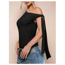 Milumia Women's Tie Knot Bodysuit One Shoulder Asymmetrical Neck Sleeveless Leotards Jumpsuit Black Medium