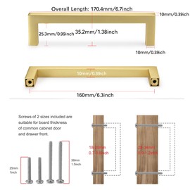 TUNNY 10 Pack Kitchen Square Cabinet Handles -6.3"/160mm Gold Brushed Cabinet Pulls Stainless Steel Drawer Pulls Kitchen Cabinet Hardware Kitchen Handle
