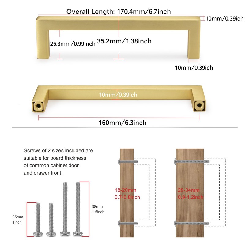 TUNNY 10 Pack Kitchen Square Cabinet Handles -6.3"/160mm Gold Brushed