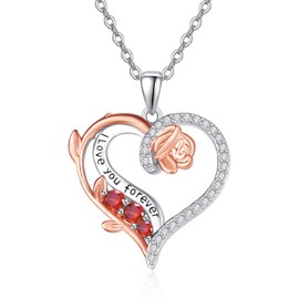 KINGWHYTE Rose Gold Heart Necklace Sterling Silver 925 Rose Heart Necklace Pendant Women's Valentine's Day Birthday Jewellery Gifts for Women Girls, Sterling Silver