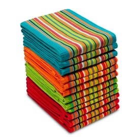 COTTON CRAFT Salsa Stripe Kitchen Towels - 12 Pack 100% Cotton Tea Dish Towels - Absorbent Reusable Low Lint Quick Dry - Multi Purpose Cooking Drying Restaurant Bar Cleaning Cloth Napkin - 16x28 Multi