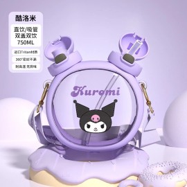 Sanrio Kuromi Two Straws Drinking Round Water Bottle 750ml Capacity / Strap NEW