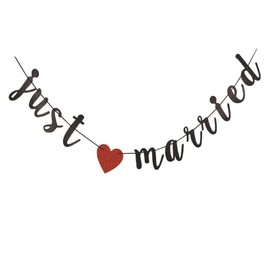 Cartel de boda con texto en inglés "Just Married Banner", para decoración de despedida de soltera, fotos (purpurina negra)