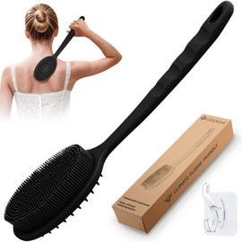 GEENOA Silicone Back Scrubber for Shower, Soft Silicone Loofah with Handle, Gentle Exfoliating Back Scrubber, Back Brush Bath Brush with Dual-Side & Detachable Brush Head(Black)