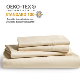 Bedsure 100% Bamboo Sheets Twin Size Cooling Sheets Deep Pocket Bed Sheets-Super Soft Hypoallergenic,Breathable - 3 Pieces 1 Fitted Sheet with 16 Inches, 1 Flat Sheet, 1 Pillowcases-Beige
