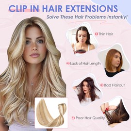 Elailite Clip in Human Hair Extensions Real Natural Hair 8 Pieces Thin Weft Remy Hair Straight - #12/613 Golden Brown Mix Bleach Blonde - 20 Inch (70 g)