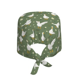 Animal Cute Flower White Goose Waterfowl Adjustable Working Cap Breathable Unisex Women Men Elastic Bandage Tie Back Hats Scrub Nursing Doctor Surgeon Cap