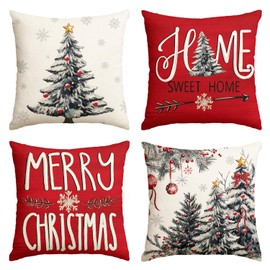 AVOIN colorlife Merry Christmas Trees Balls Berries Throw Pillow Covers, 18 x 18 Inch Red Home Sweet Home Seasonal Winter Holiday Cushion Case Decoration for Sofa Couch Set of 4