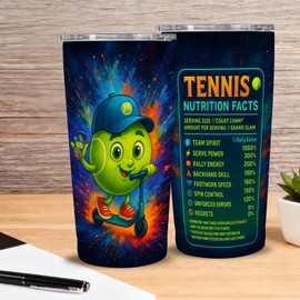 20 oz Tennis Tumbler, Vacuum Insulated Stainless Steel Skinny Travel Mug with Lid & Straw, Ball Cartoon, Funny Court Stats Panel, Car Cup Holder Friendly, Tennis Gifts for Players Women Men Coach