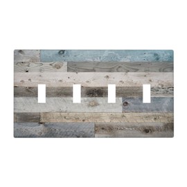 Rustic Quad Toggle Light Switch Cover Wall Plate 4 Gang Switch Plate Covers Farmhouse Decorative Lightswitch Cover Plate, 4.5 x 8.0 Inch, Blue Grey Wood Print