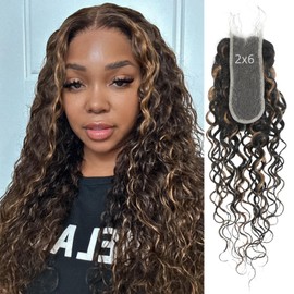 ALHER Highlight Ombre Water Wave 2x6 HD Lace Closure Only, #1B/27 Black and Blonde Highlight Wet n Wavy Curly Invisible 2x6 Kim K Long Deep Middle Part Lace Closure Single Knot Human Hair 16 Inch
