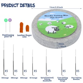 WONVOC Needle Felting Mat, Needle Felting Tools, Natural Felting Wool Mat, Round Felting Pad, Needle Felting Supplies, with 35 Felting Needles, Finger Cots, 10 Straight Pins, for Making Felting Crafts