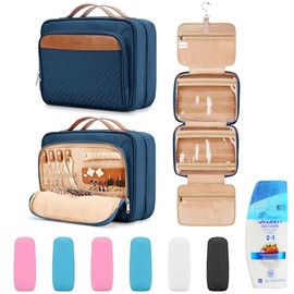 COOSKY Bolsa de aseo colgante de viaje para mujer, sostiene champú de tamaño completo, con compartimento organizador de joyas, bolsa de maquillaje extragrande, bolsa de cosméticos impermeable, juego de artículos de cambiador, Azul marino (Neceser con 6 f