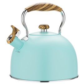Chefbar 2.6 Quart Tea Kettle Stovetop Whistling for Stove Top Food Grade Stainless Steel Tea Kettles with Cool Wood Pattern Handle, Blue